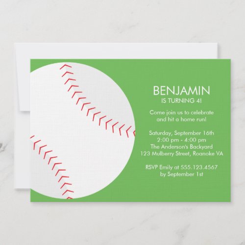 Green Baseball Themed Birthday Party Invitation