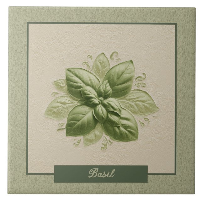 Green Basil Herb Kitchen Faux Relief Ceramic Tile (Front)