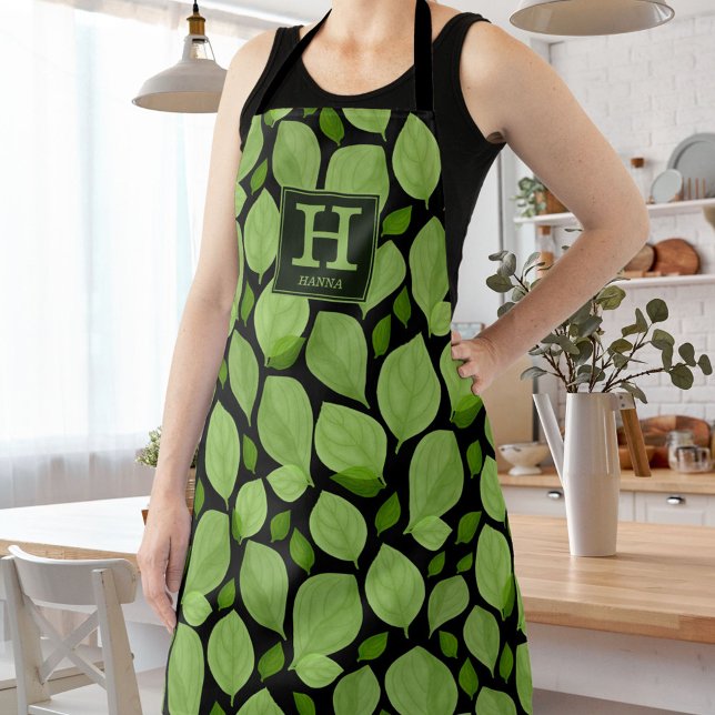 Green Basil Herb Leaf Pattern Botanical Monogram Apron (Creator Uploaded)