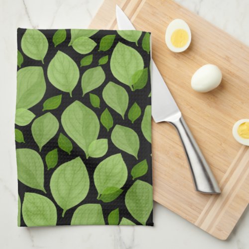 Green Basil Leaf Herb Pattern Botanical  Kitchen Towel - Green Basil Leaf Herb Pattern Botanical kitchen towel. Green basil leaves in a pattern on a black background.