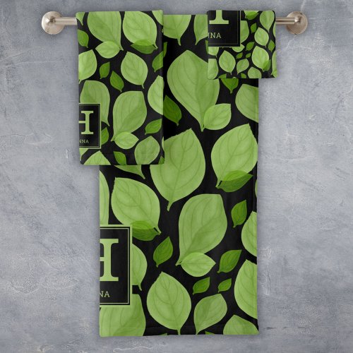 Green Basil Leaf Herb Pattern Botanical Monogram Bath Towel Set