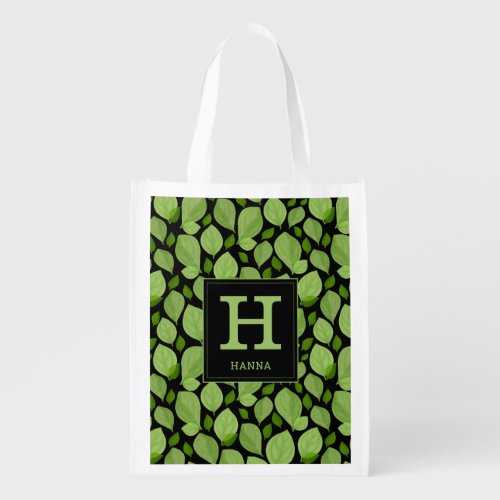 Green Basil Leaf Herb Pattern Botanical Monogram Grocery Bag - Green Basil Leaf Herb Pattern Botanical Reusable Grocery Bags. Green basil leaves in a pattern on a black background. Add your monogram and name.