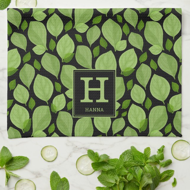 Green Basil Leaf Herb Pattern Botanical Monogram Kitchen Towel (Folded)