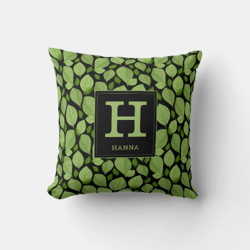 Green Basil Leaf Herb Pattern Botanical Monogram  Throw Pillow - Green Basil Leaf Herb Pattern Botanical Monogram Pillow. Green basil leaves in a pattern on a black background. Add your monogram and name.