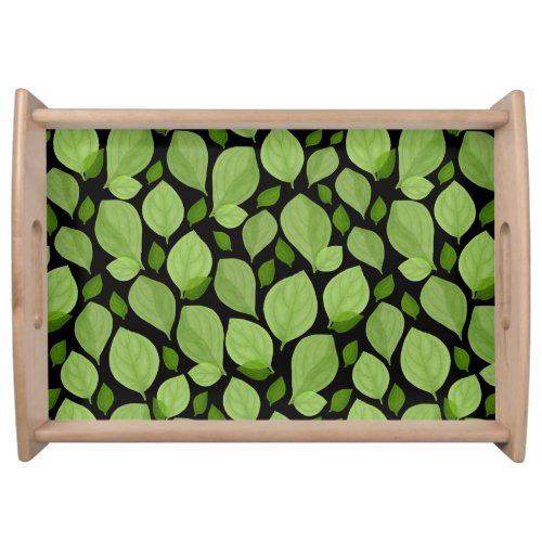 Green Basil Leaf Herb Pattern Botanical Serving Tray - Green Basil Leaf Herb Pattern Botanical Serving Tray. Green basil leaves in a pattern on a black background.