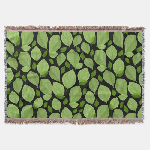 Green Basil Leaf Herb Pattern  Throw Blanket - Green Basil Leaf Herb Pattern Throw Blanket. Green basil leaves in a pattern on a black background.