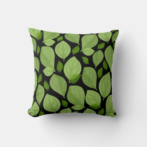 Green Basil Leaf Herb Pattern  Throw Pillow - Green Basil Leaf Herb Pattern Pillow. Green basil leaves in a pattern on a black background.