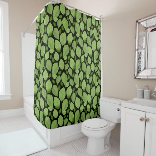 Green Basil Leaf Pattern on Black Nature Shower Curtain