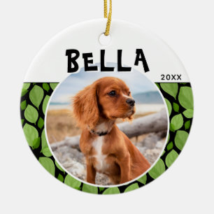 Green Basil Leaf Pattern Puppy Dog Photo Ceramic Ornament