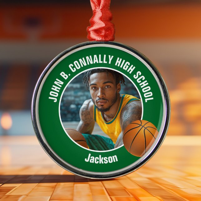 Green Basketball Player Photo Christmas Metal Ornament (Creator Uploaded)
