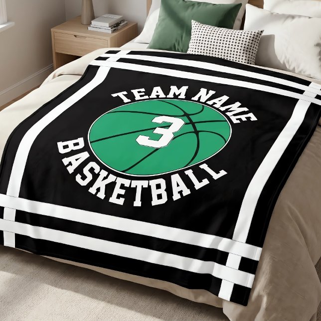 Green Basketball Team Name & Player Number Sports Fleece Blanket (Personalized green basketball blanket on bed. Great for basketball players, teams and fans.)