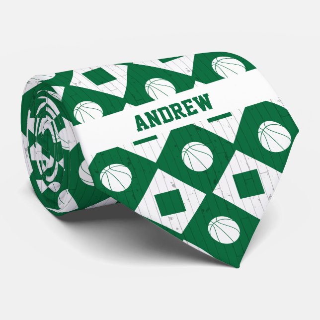 Green Basketball Wood Floor Argyle Pattern Neck Tie (Rolled)