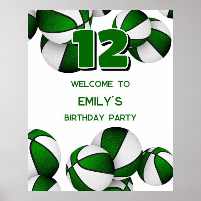 green basketballs kids birthday party welcome poster (Front)