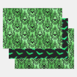 Green Bat & Skull Halloween Damask Patterns Wrapping Paper Sheets