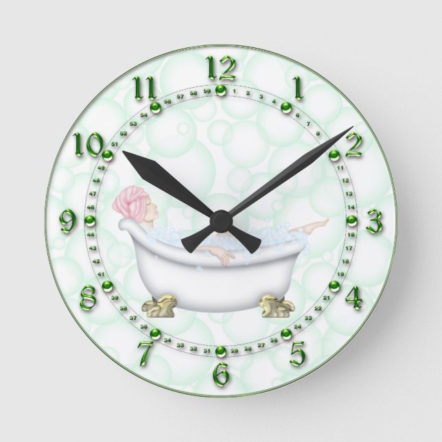 Green Bathroom Bubbles Round Clock (Front)