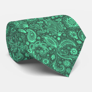 Green batik boho style floral paisley pattern neck tie