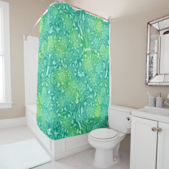 green batik flowers shower curtain (In Situ)