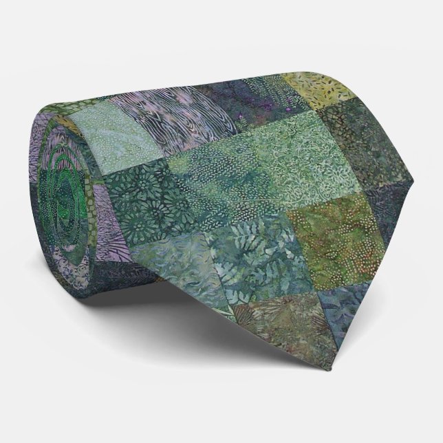 Green Batik Patchwork Neck Tie (Rolled)