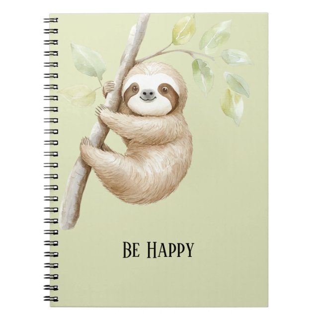 Green Be Happy Sloth in Tree Notebook (Front)