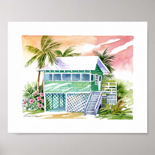 Green Beach Cottage Tropical Island Watercolor Poster