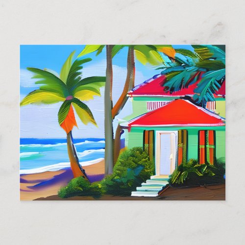 Green Beach House Palm Trees and Ocean Postcard