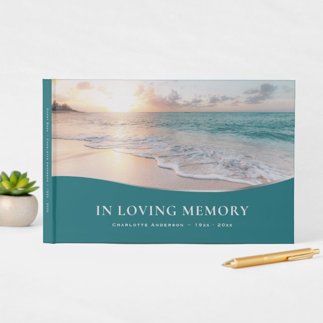 Green Beach Sea Sunset Funeral Guest Book (InSitu Display)