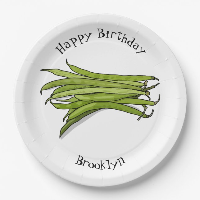 Green beans cartoon illustration paper plates (Front)