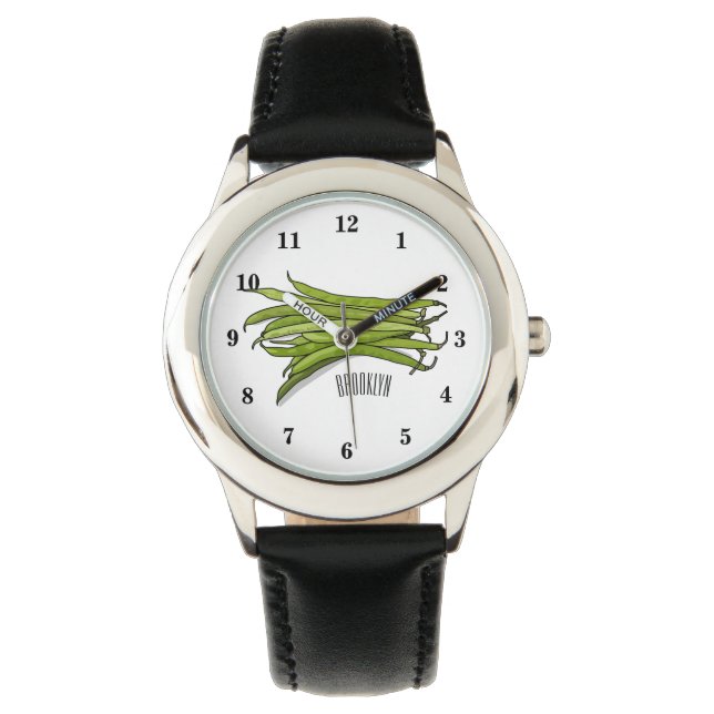 Green beans cartoon illustration watch (Front)