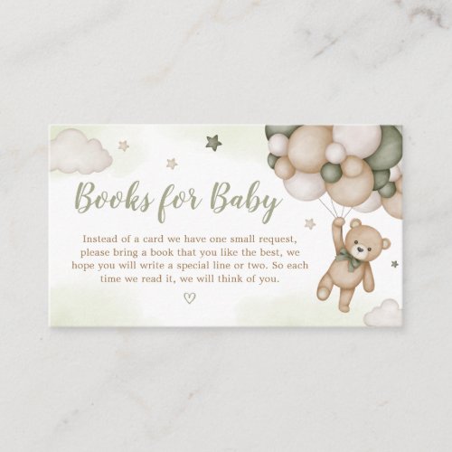 Green Bear Balloon Baby Shower Books for Baby Enclosure Card