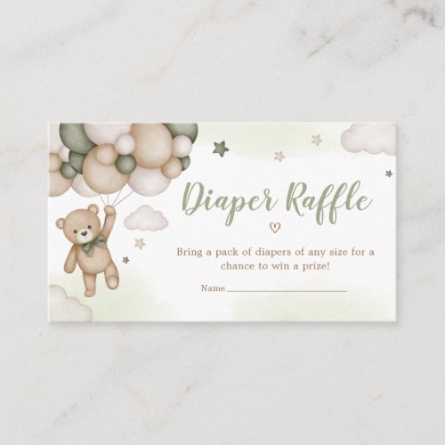 Green Bear Balloon Baby Shower Diaper Raffle Enclosure Card