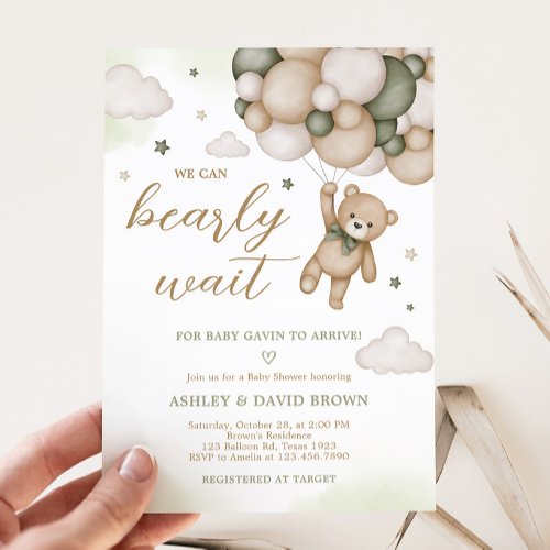 Green Bear Balloon Baby Shower  Invitation