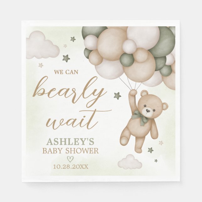 Green Bear Balloon Baby Shower Napkins (Front)