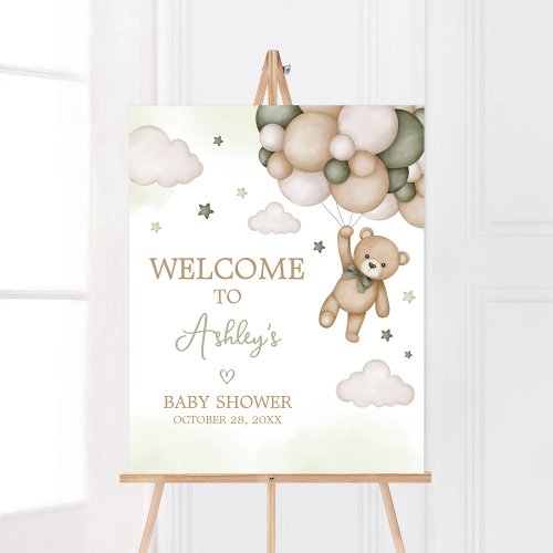 Green Bear Balloon Baby Shower Welcome Poster