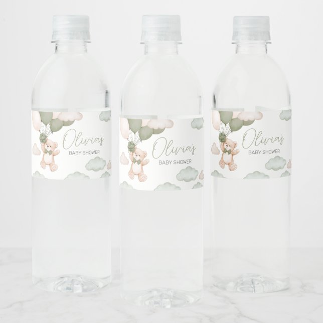 Green Bear Balloon Bearly Wait Baby Shower Water Bottle Label (Bottles)