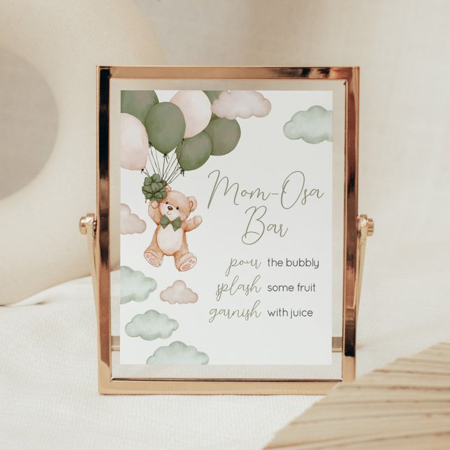 Green Bear Balloon Bearly Wait Mom Osa Bar Poster (Green Bear Balloon Baby Shower Mom Osa Bar Sign)
