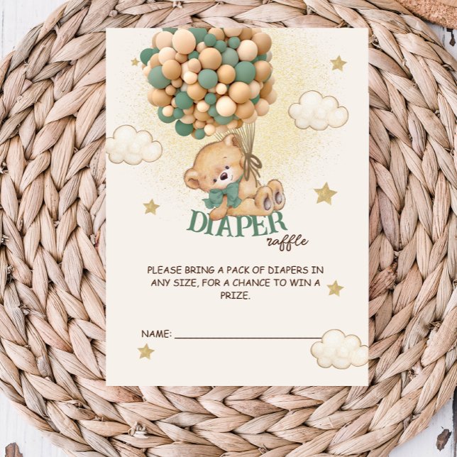 Green Bear Balloons Baby Shower Diaper Raffle  Enclosure Card (Creator Uploaded)