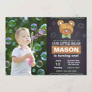 Green Bear Birthday Invitation with photo