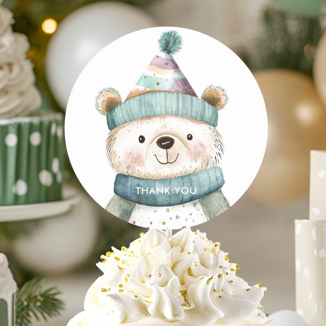 Green Bear Birthday | Winter Wonderland Party  Classic Round Sticker (Creator Uploaded)