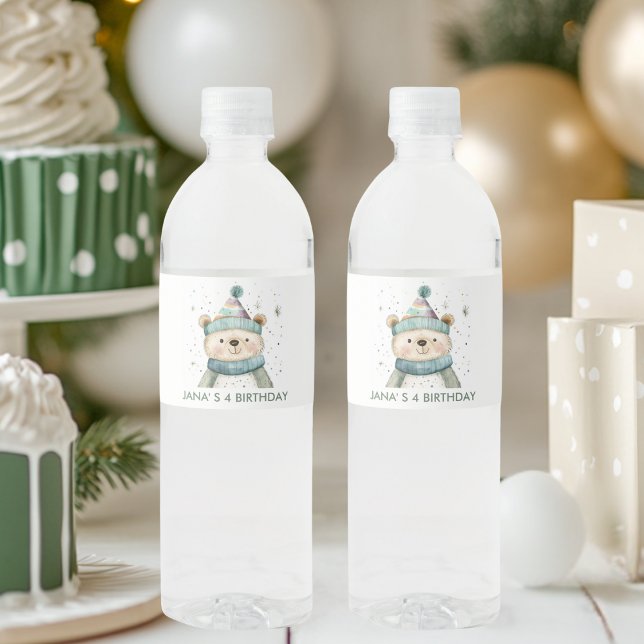 Green Bear Birthday | Winter Wonderland Party Water Bottle Label (Creator Uploaded)