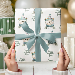 Green Bear Birthday Winter Wonderland Party Wrapping Paper