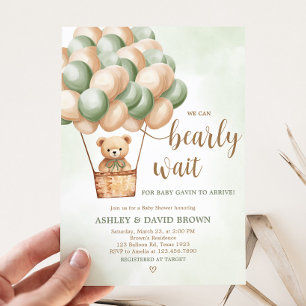 Green Bear Hot Air Balloon Baby Shower Invitation
