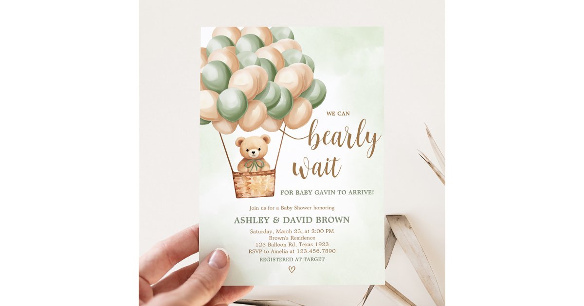 Green Bear Hot Air Balloon Baby Shower Invitation | Zazzle