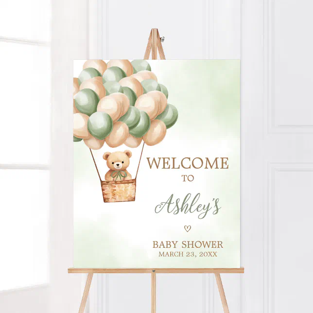 Green Bear Hot Air Balloon Baby Shower Welcome Poster | Zazzle