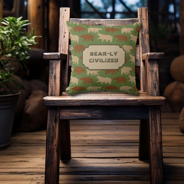 Green Bear Pattern Cabin Life Throw Pillow (Creator Uploaded)