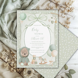 Green Bear with Toys Vintage Baby Shower Invitation