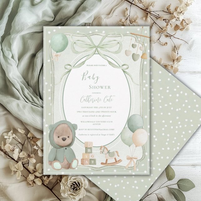 Green Bear with Toys Vintage Baby Shower Invitation (Creator Uploaded)