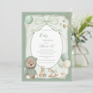 Green Bear with Toys Vintage Baby Shower Invitation