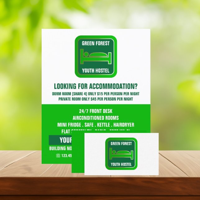 Green Bed Logo, Hostel Accommodation Advertising Flyer (Creator Uploaded)