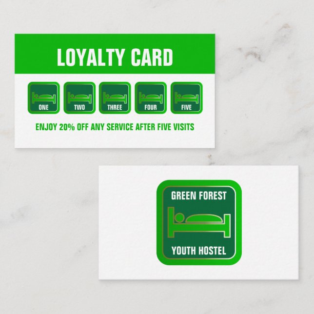 Green Bed Logo, Hostel Accommodation Business Loyalty Card (Front/Back)