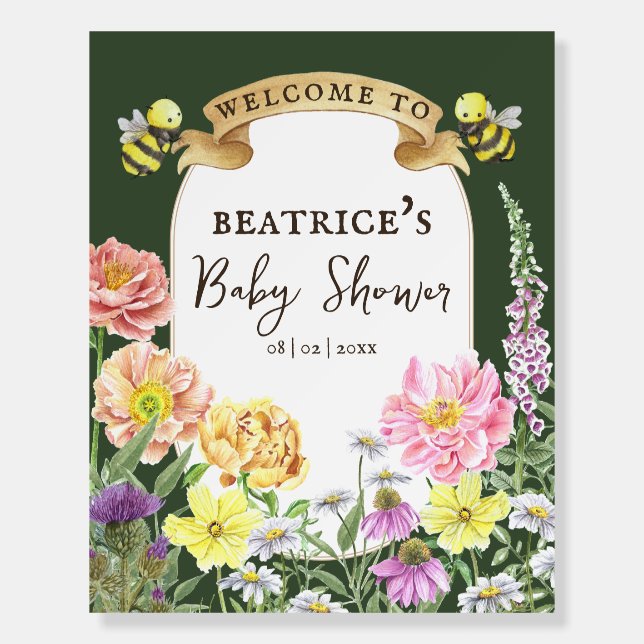 Green Bee and Wildflower Baby Shower Welcome Foam Board (Front)